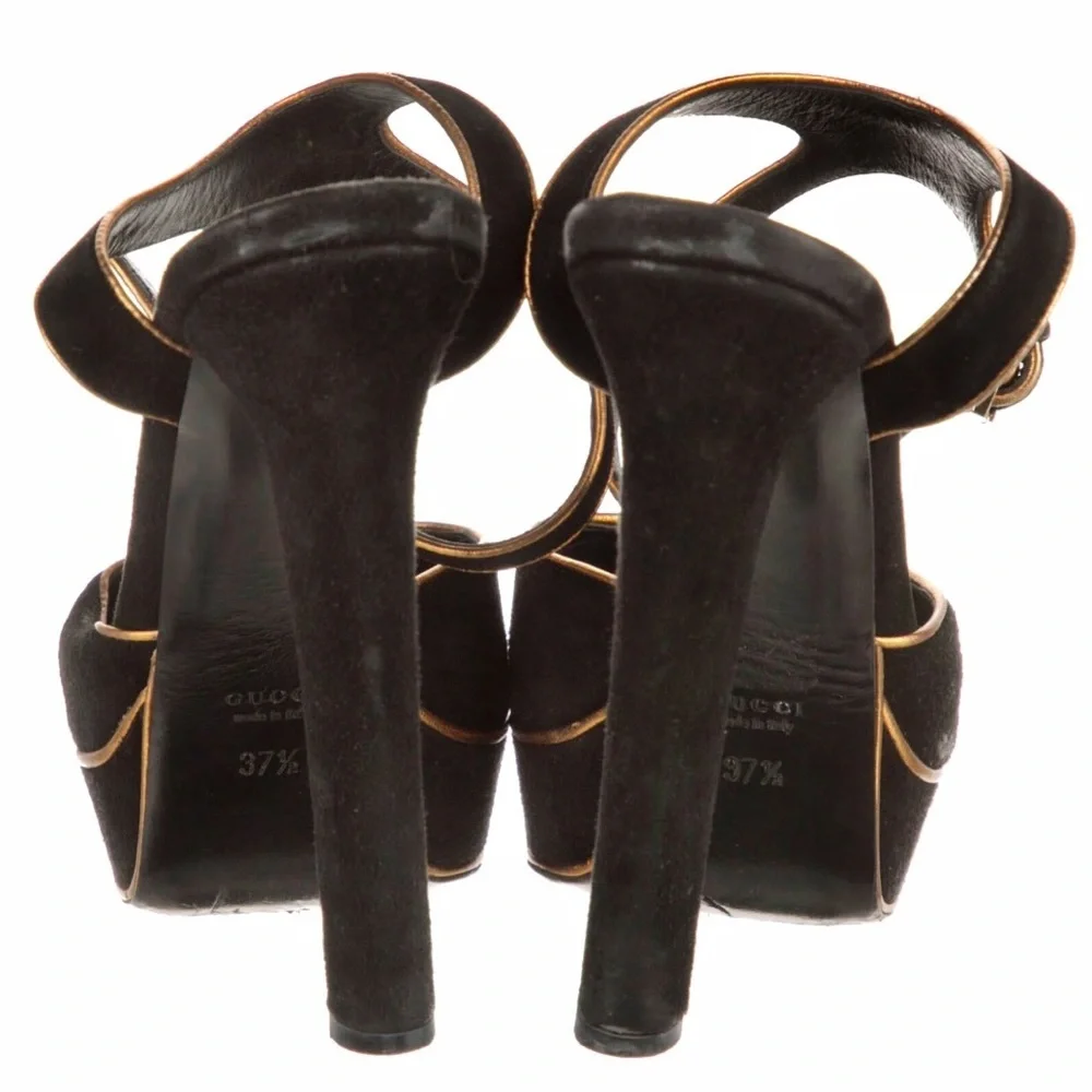 Gucci Black Suede w/ Gold Piping Huston Ankle Strap Platform Pumps​